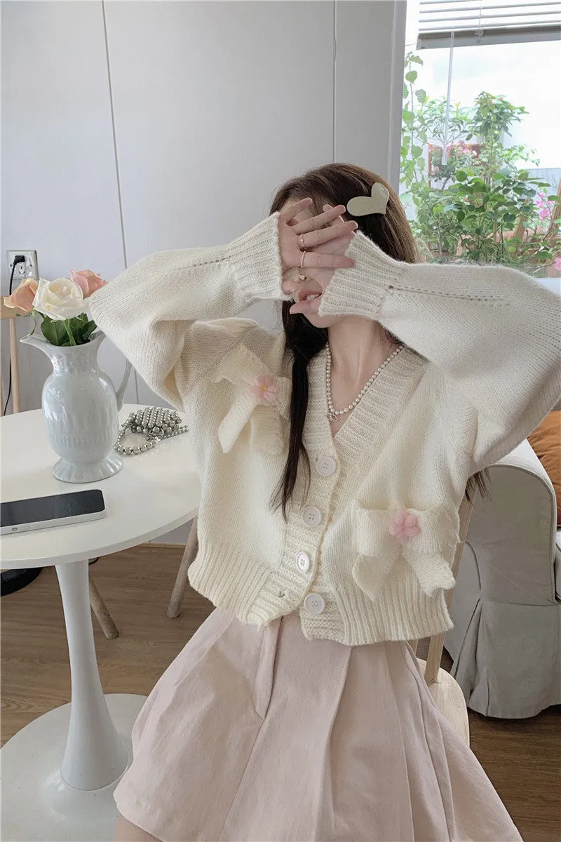 Pink White Bow Knit Embroidery Cardigan