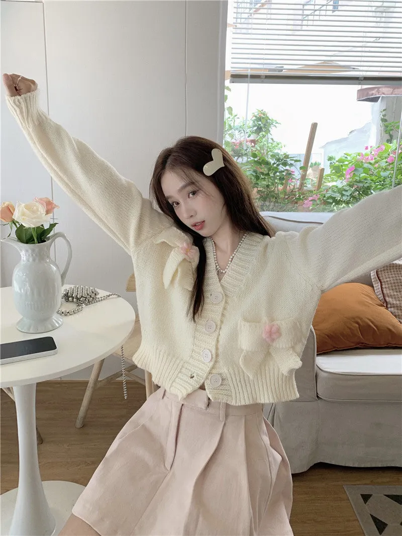 Pink White Bow Knit Embroidery Cardigan