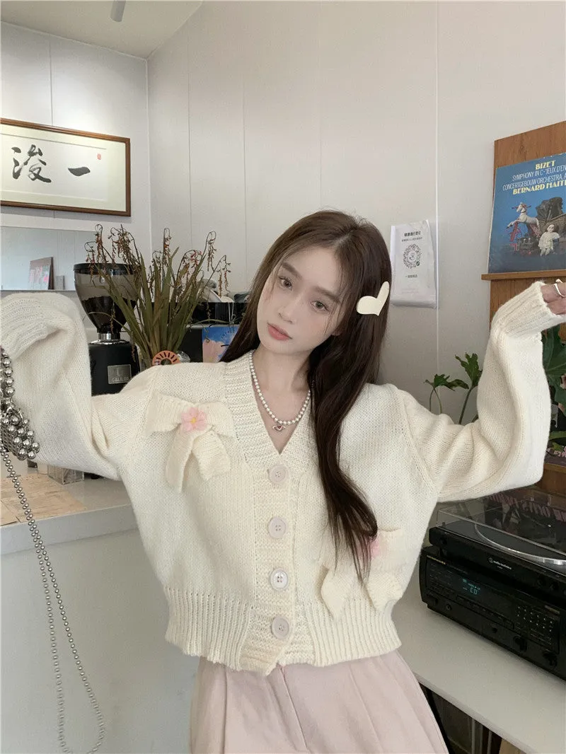 Pink White Bow Knit Embroidery Cardigan