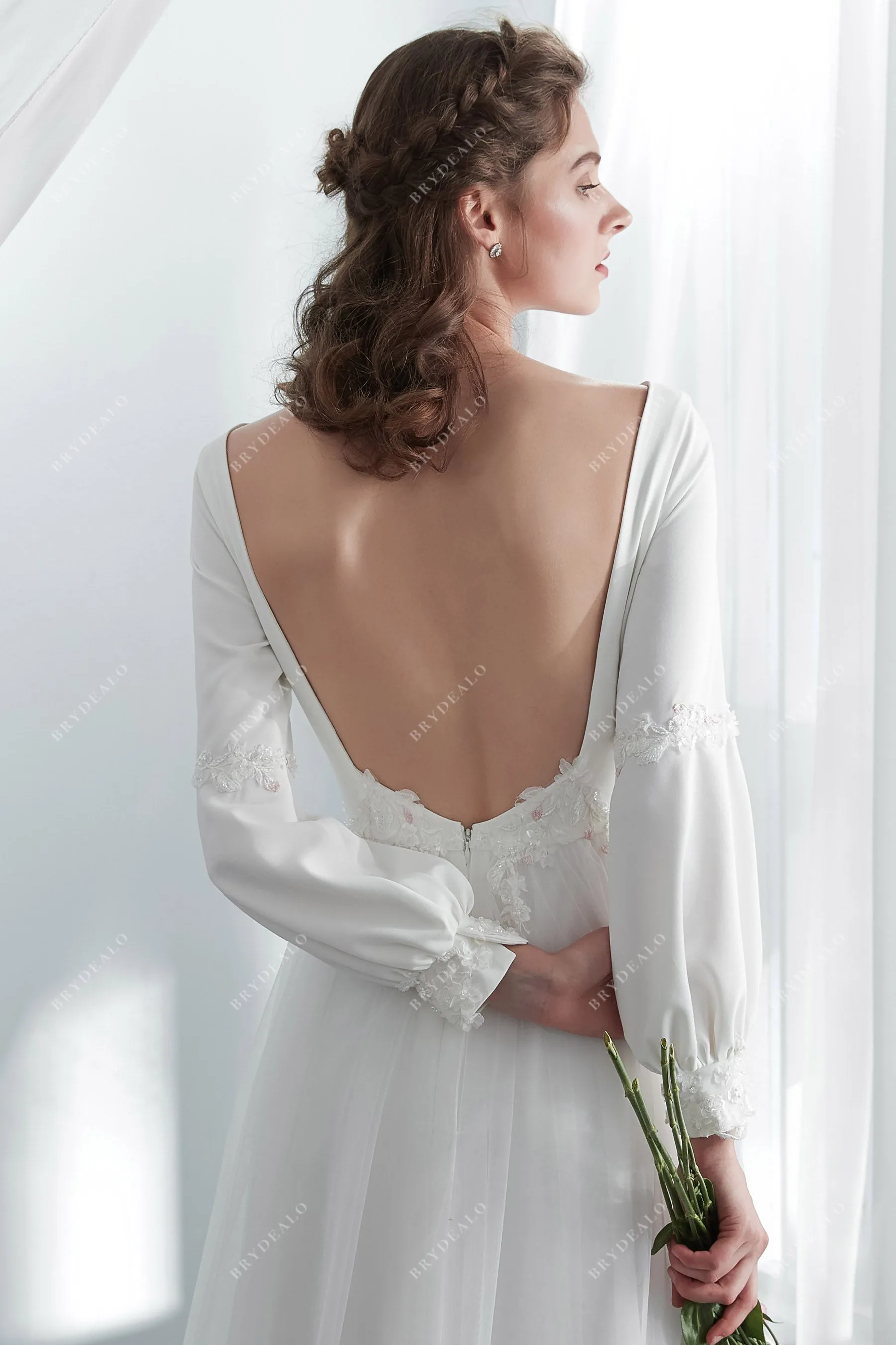 Pretty Bubble Sleeves Crepe Tulle Boho Wedding Dress
