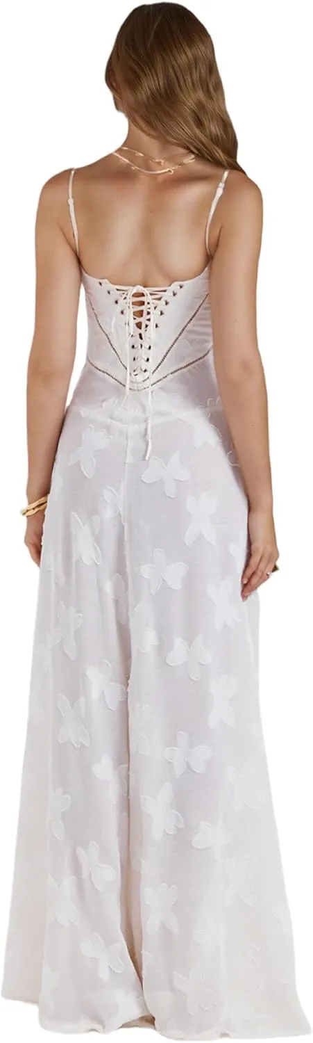 RARITYUS Womens Elegant Floral Lace Wedding Guest Dress Sleeveless Spaghetti Strap Maxi Dress Lace-up Cocktail Party Dress