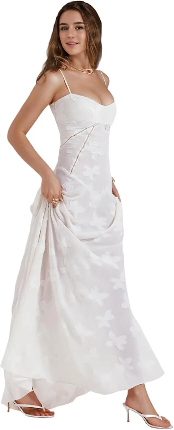 RARITYUS Womens Elegant Floral Lace Wedding Guest Dress Sleeveless Spaghetti Strap Maxi Dress Lace-up Cocktail Party Dress