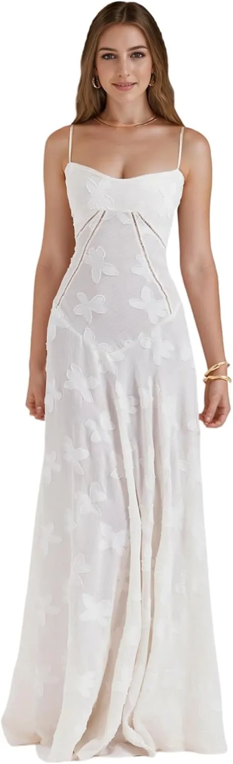 RARITYUS Womens Elegant Floral Lace Wedding Guest Dress Sleeveless Spaghetti Strap Maxi Dress Lace-up Cocktail Party Dress