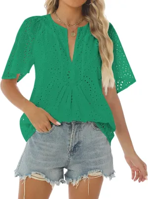 Relipop Women's Summer Eyelet Tops 2025 Dressy Casual V Neck Flutter Sleeve Hollow Out Lace Embroidered Blouses Shirts