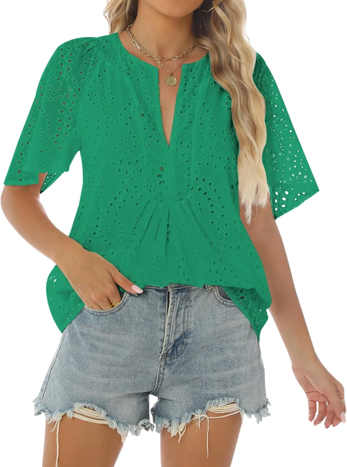 Relipop Women's Summer Eyelet Tops 2025 Dressy Casual V Neck Flutter Sleeve Hollow Out Lace Embroidered Blouses Shirts