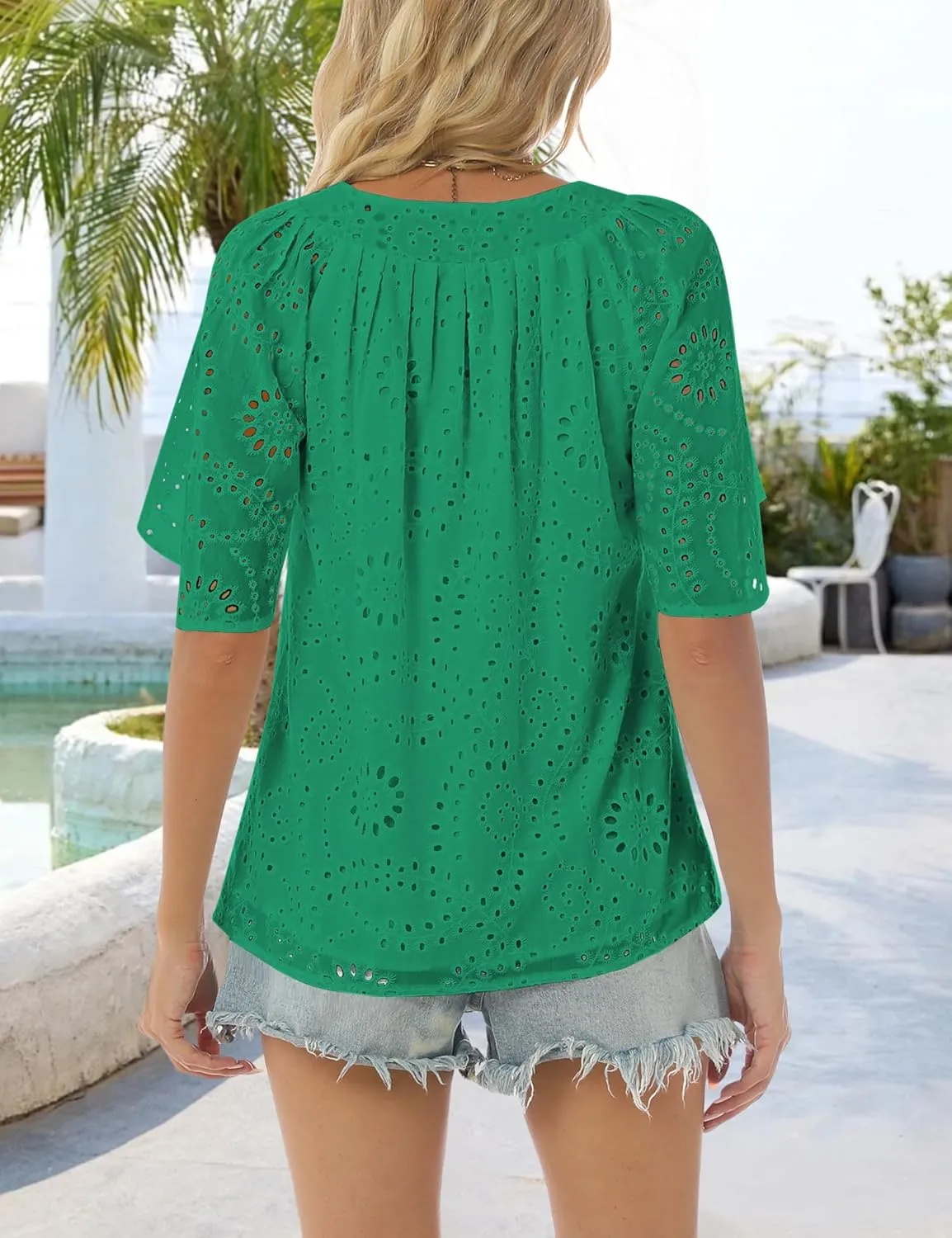 Relipop Women's Summer Eyelet Tops 2025 Dressy Casual V Neck Flutter Sleeve Hollow Out Lace Embroidered Blouses Shirts