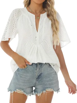 Relipop Women's Summer Eyelet Tops 2025 Dressy Casual V Neck Flutter Sleeve Hollow Out Lace Embroidered Blouses Shirts