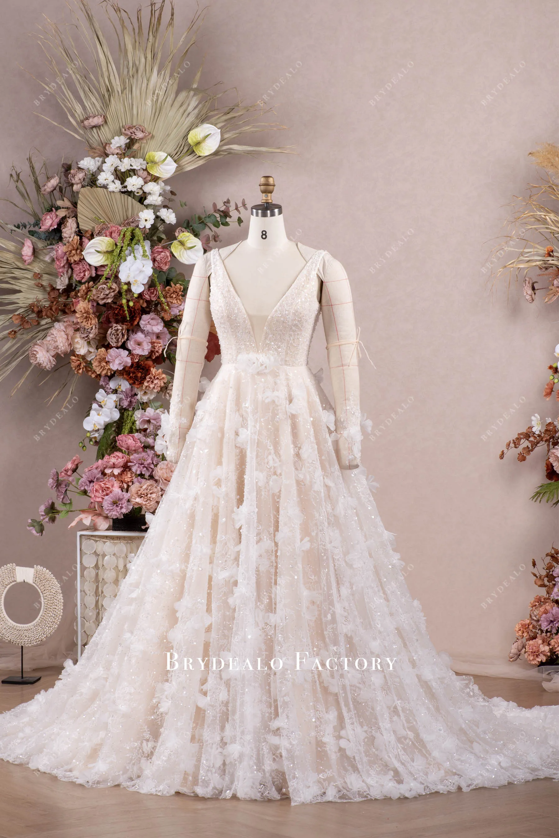 Romantic 3D Flowers Lace Plunging Neck Spring Fall Wedding Dress