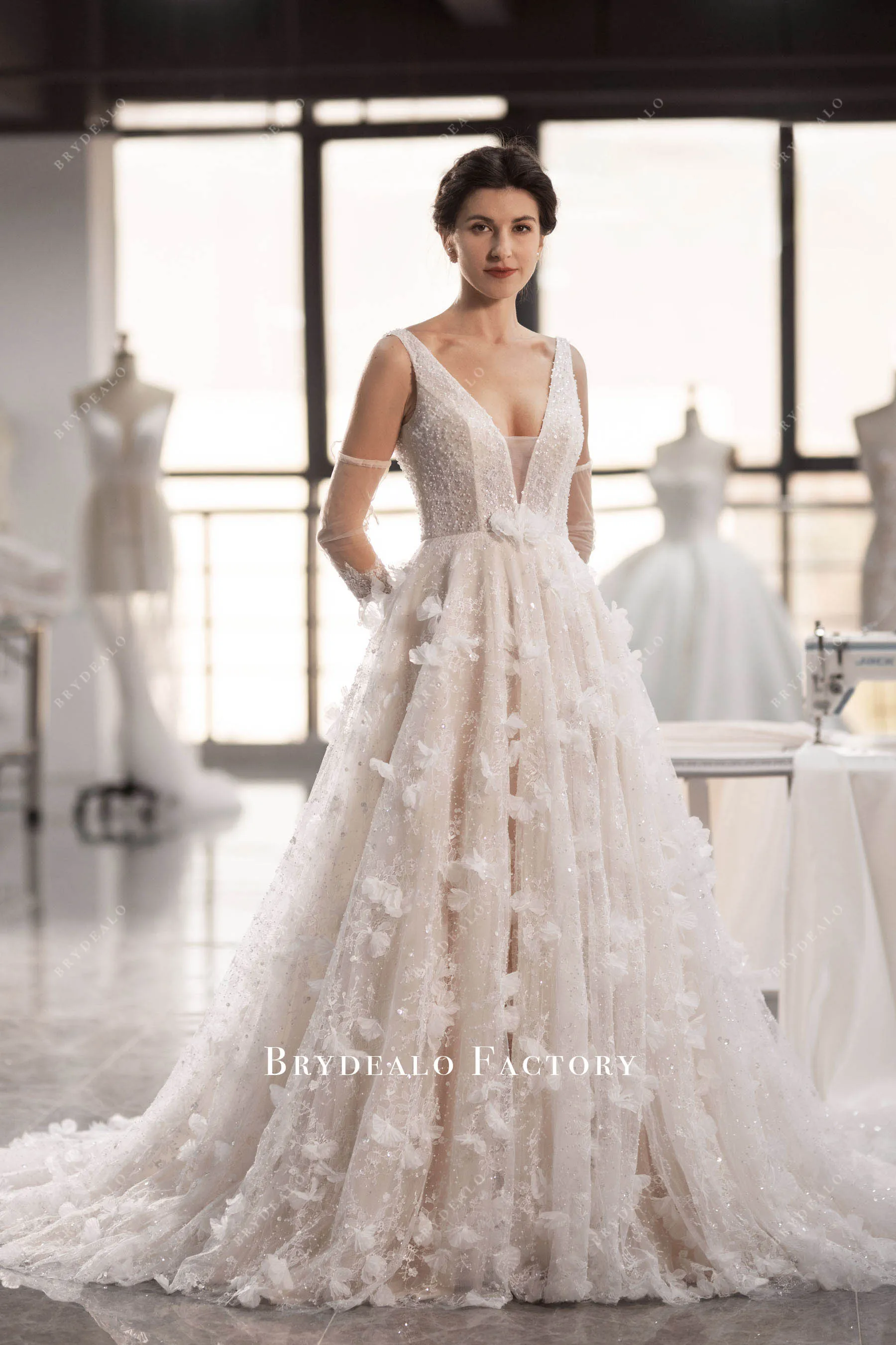 Romantic 3D Flowers Lace Plunging Neck Spring Fall Wedding Dress