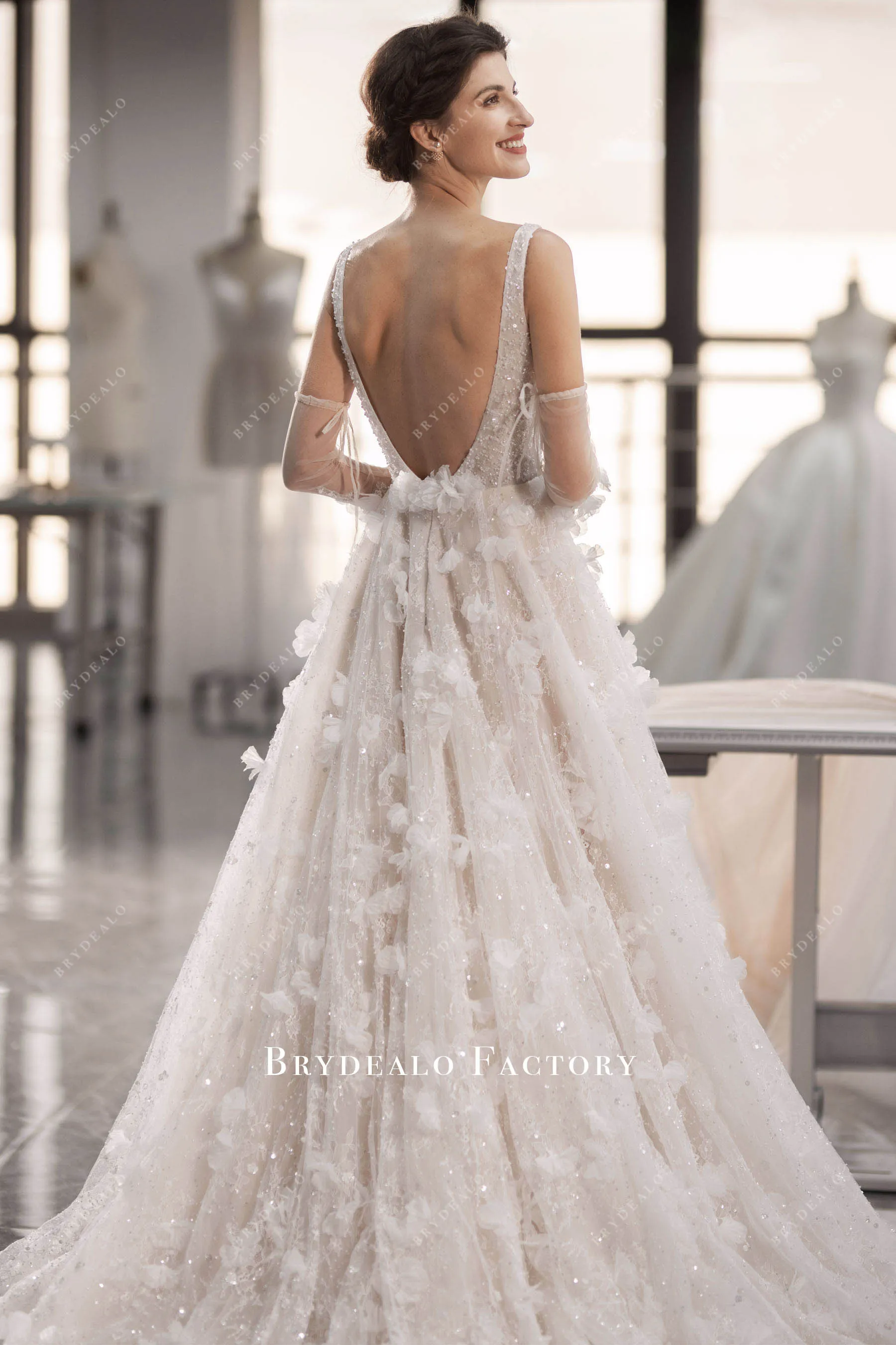 Romantic 3D Flowers Lace Plunging Neck Spring Fall Wedding Dress