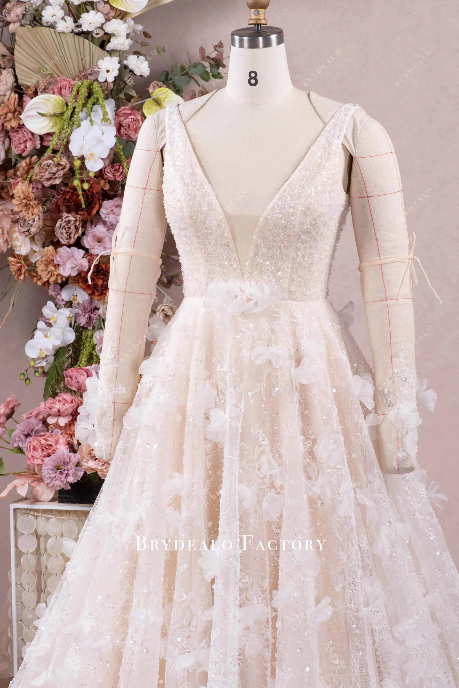 Romantic 3D Flowers Lace Plunging Neck Spring Fall Wedding Dress