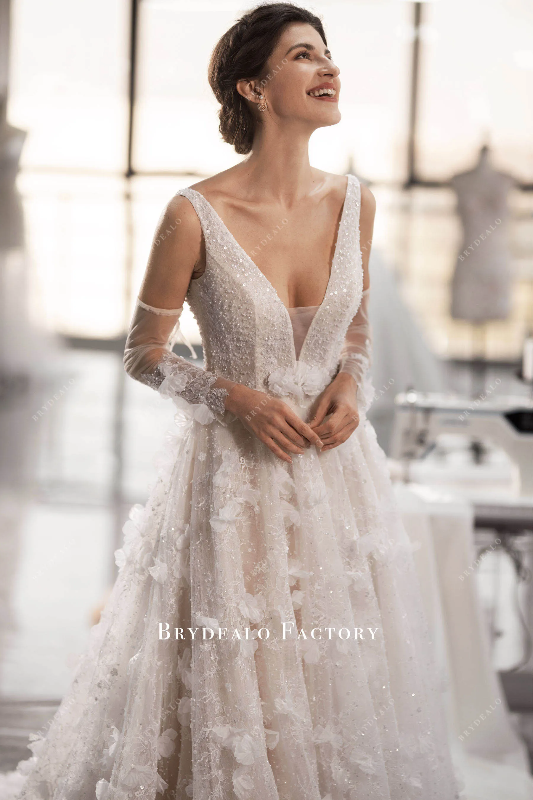 Romantic 3D Flowers Lace Plunging Neck Spring Fall Wedding Dress