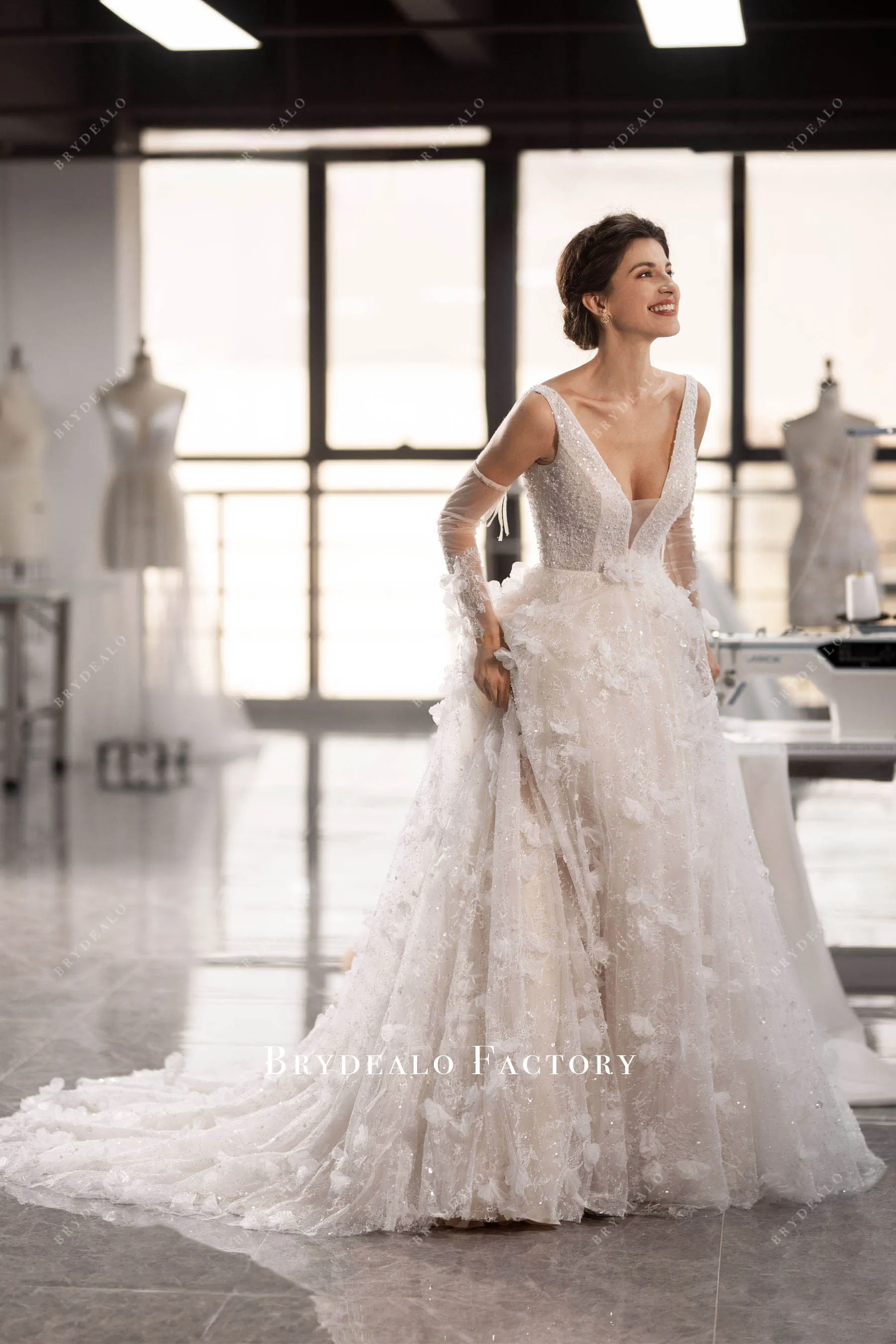 Romantic 3D Flowers Lace Plunging Neck Spring Fall Wedding Dress