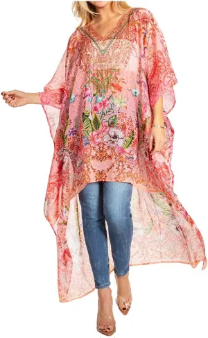 Sakkas Zeke Hi Low V-Neck Caftan Dress Printed Top Cover/Up