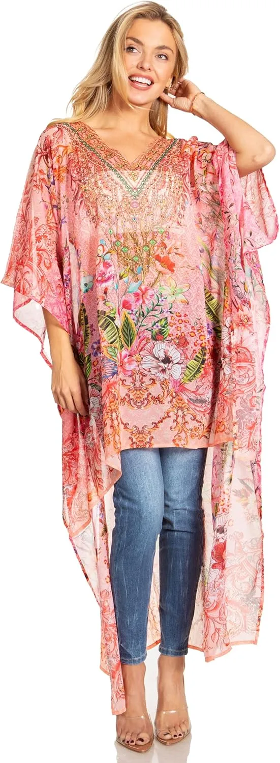Sakkas Zeke Hi Low V-Neck Caftan Dress Printed Top Cover/Up