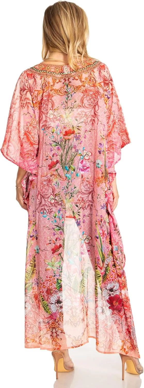 Sakkas Zeke Hi Low V-Neck Caftan Dress Printed Top Cover/Up