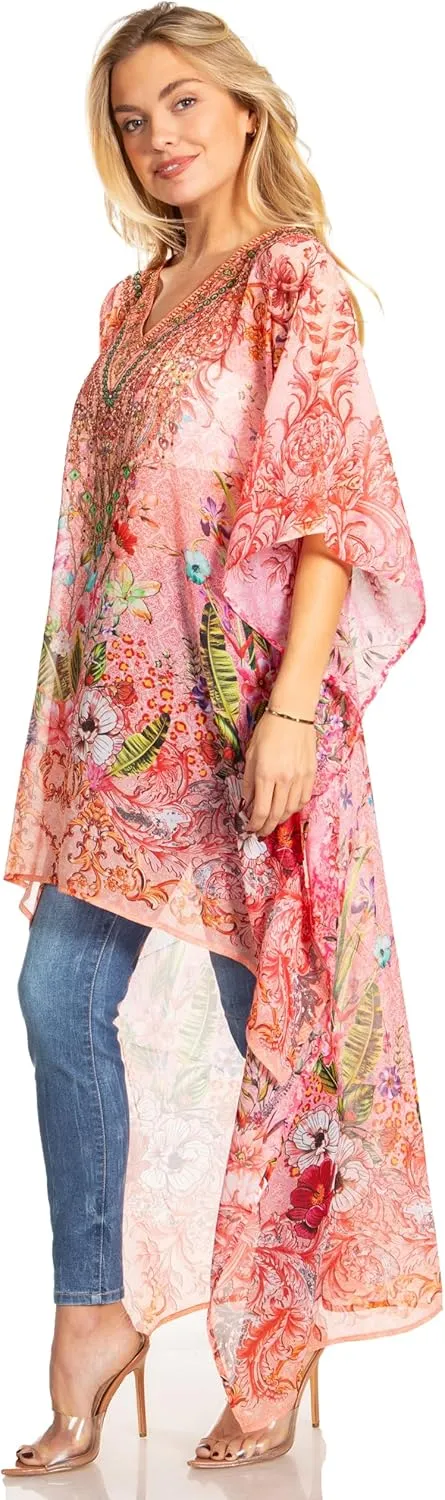 Sakkas Zeke Hi Low V-Neck Caftan Dress Printed Top Cover/Up
