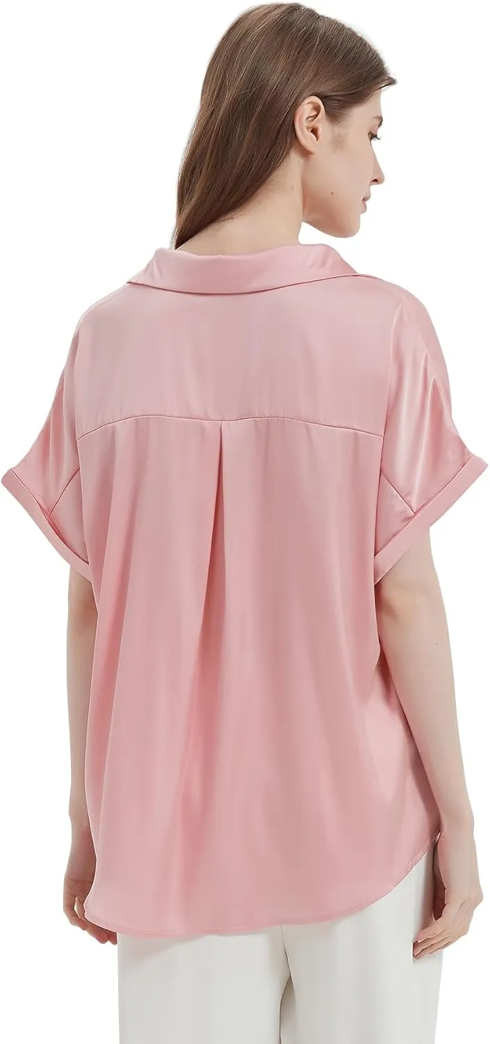 Satin Button Down Shirts, Silk Blouse for Women Short Sleeve V-Neck Top, Casual Outfits for Women (Small Size)