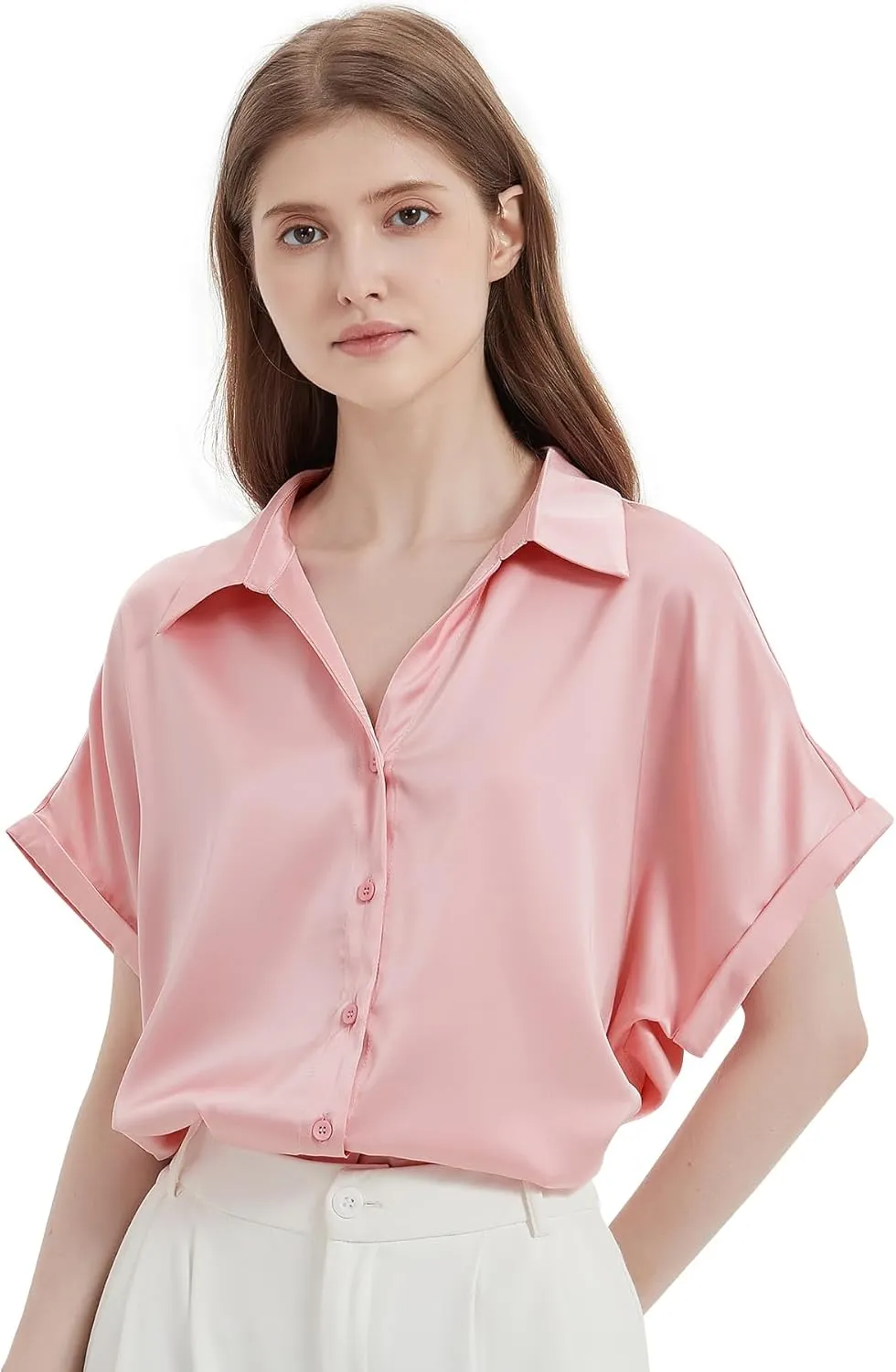Satin Button Down Shirts, Silk Blouse for Women Short Sleeve V-Neck Top, Casual Outfits for Women (Small Size)