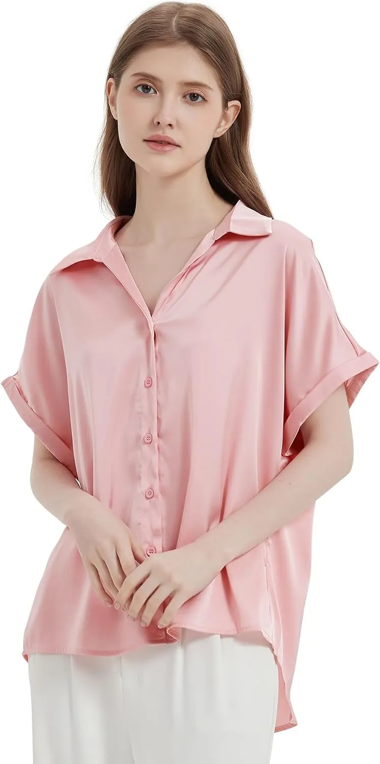 Satin Button Down Shirts, Silk Blouse for Women Short Sleeve V-Neck Top, Casual Outfits for Women (Small Size)