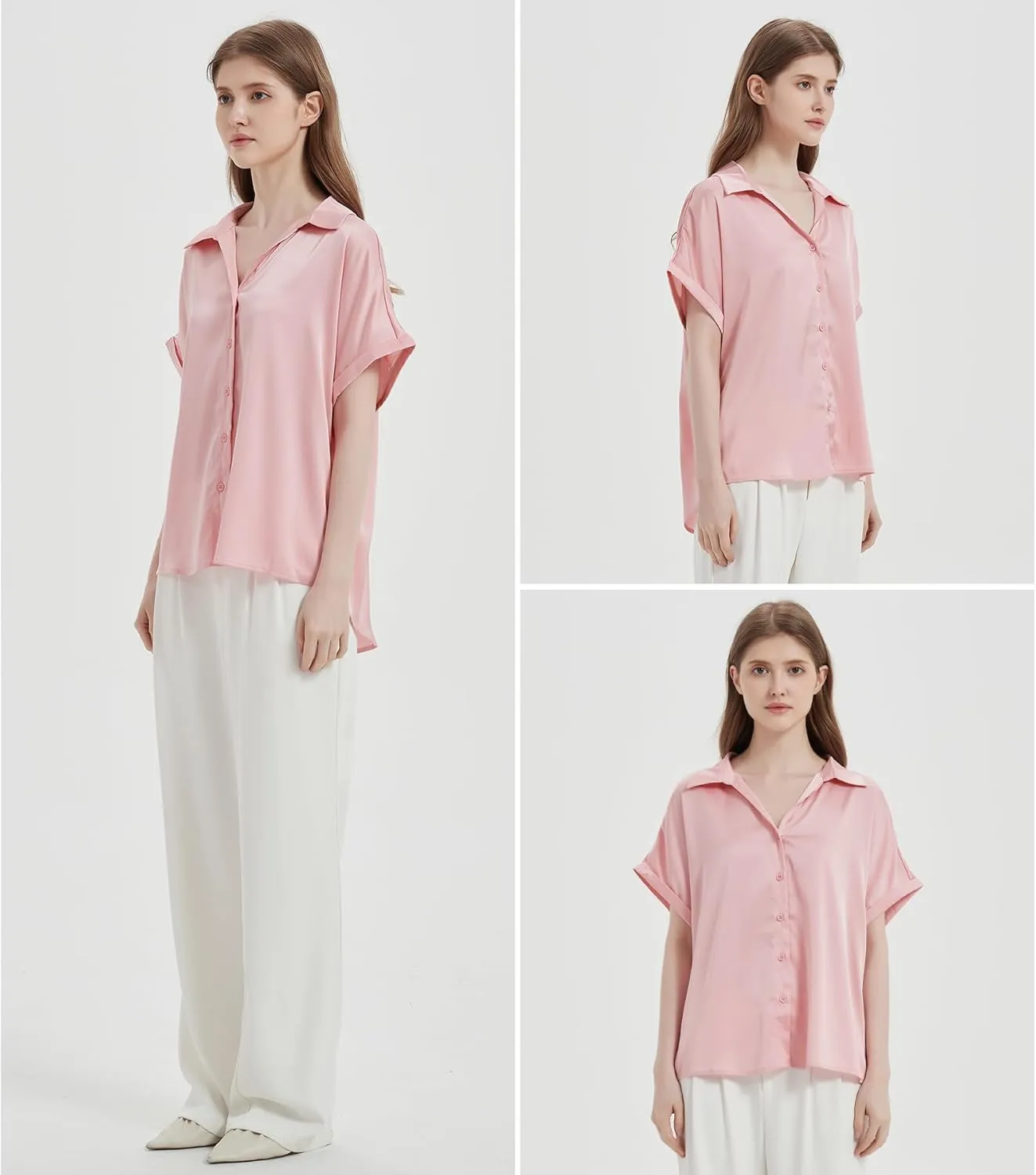 Satin Button Down Shirts, Silk Blouse for Women Short Sleeve V-Neck Top, Casual Outfits for Women (Small Size)