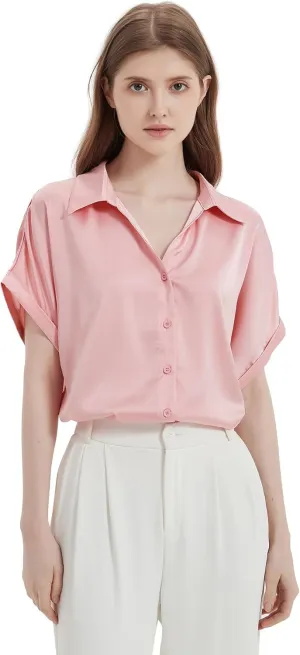 Satin Button Down Shirts, Silk Blouse for Women Short Sleeve V-Neck Top, Casual Outfits for Women (Small Size)