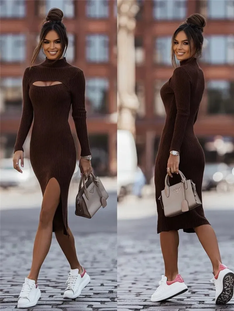 Sexy Bodycon Dress Elegant Casual Bodycon Long Sleeves High Neckline Knit Cut Out Midi Dress Ribbed