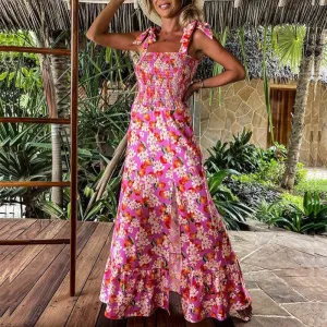 Sexy printed suspender party diagonal collar bow split sleeveless Ruffle Dress