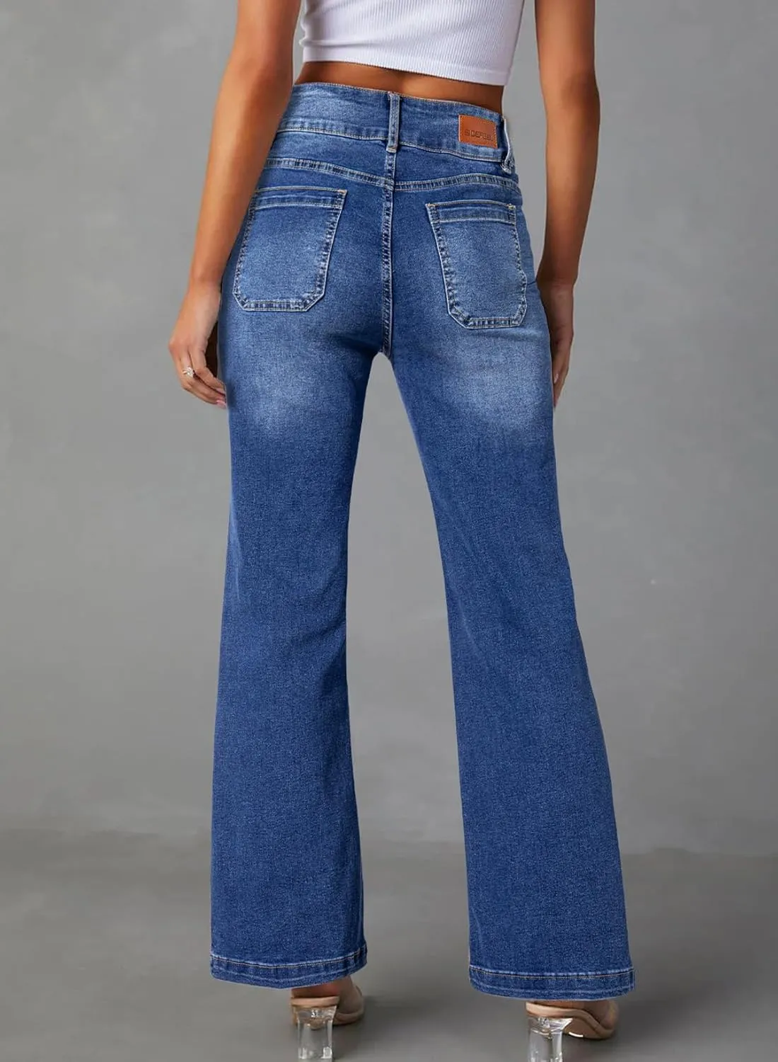 Sidefeel Women's Wide Leg Jeans High Waisted Tummy Control Stretchy Pockets Front Straight Leg Jeans