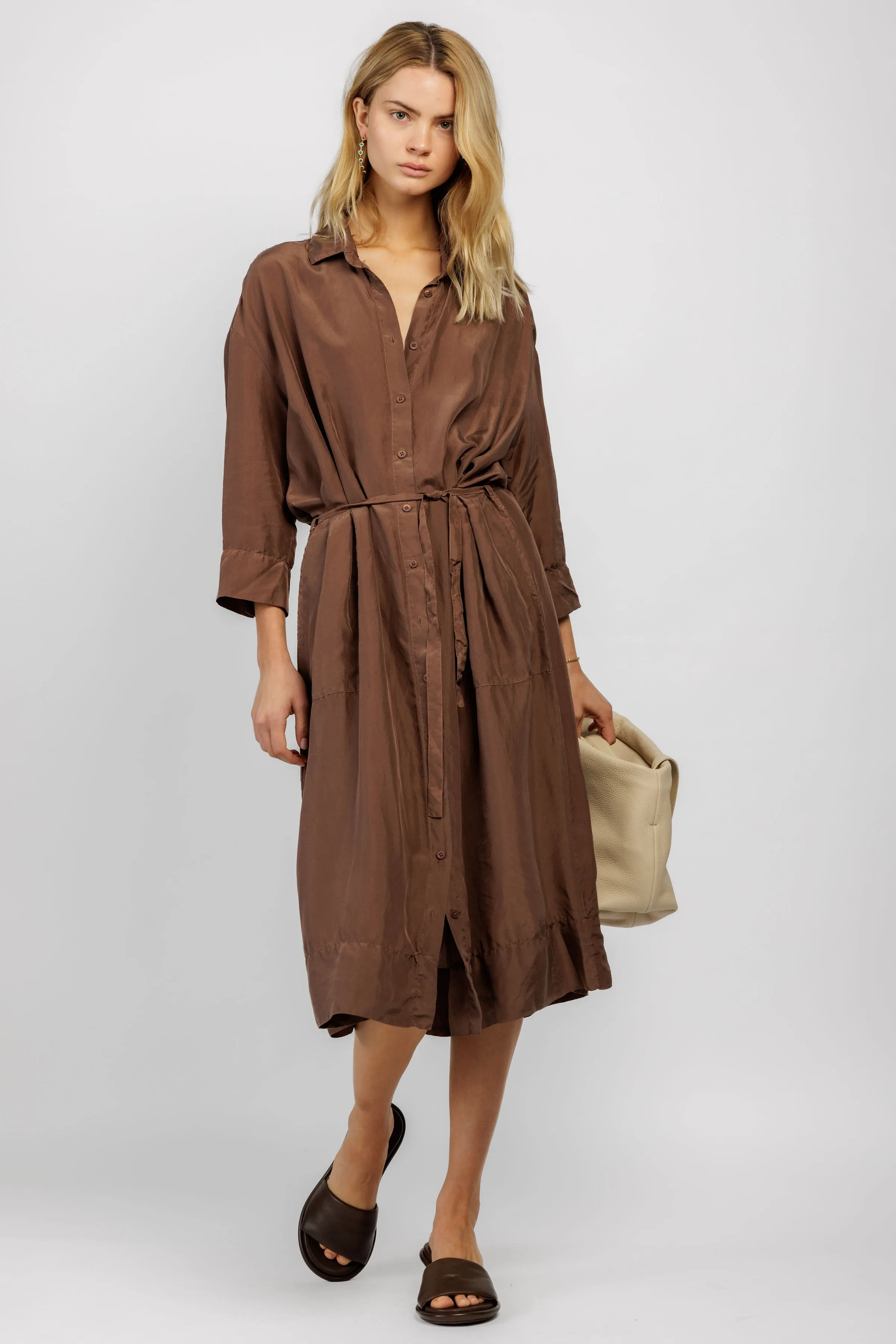 Silk Shirt Dress in Cocoa