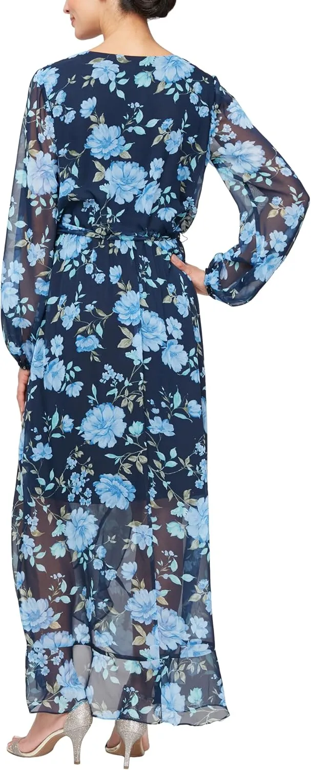 S.L. Fashions Women's Long Sleeve Tulip Overlay Skirt Maxi Dress with Surplice Neckline and Tie Belt