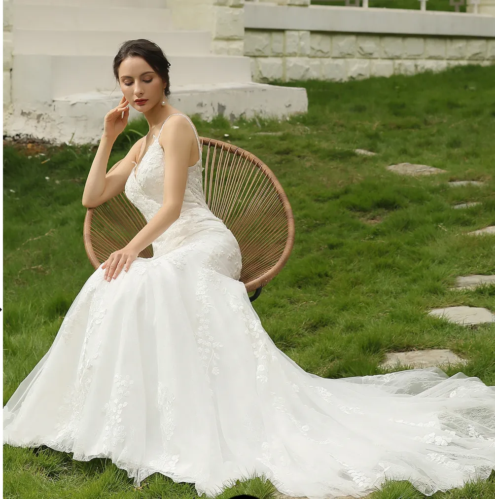 Spaghetti Beading Strap Fit To Flare Wedding Dress