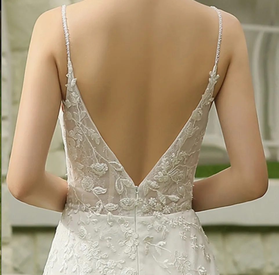 Spaghetti Beading Strap Fit To Flare Wedding Dress