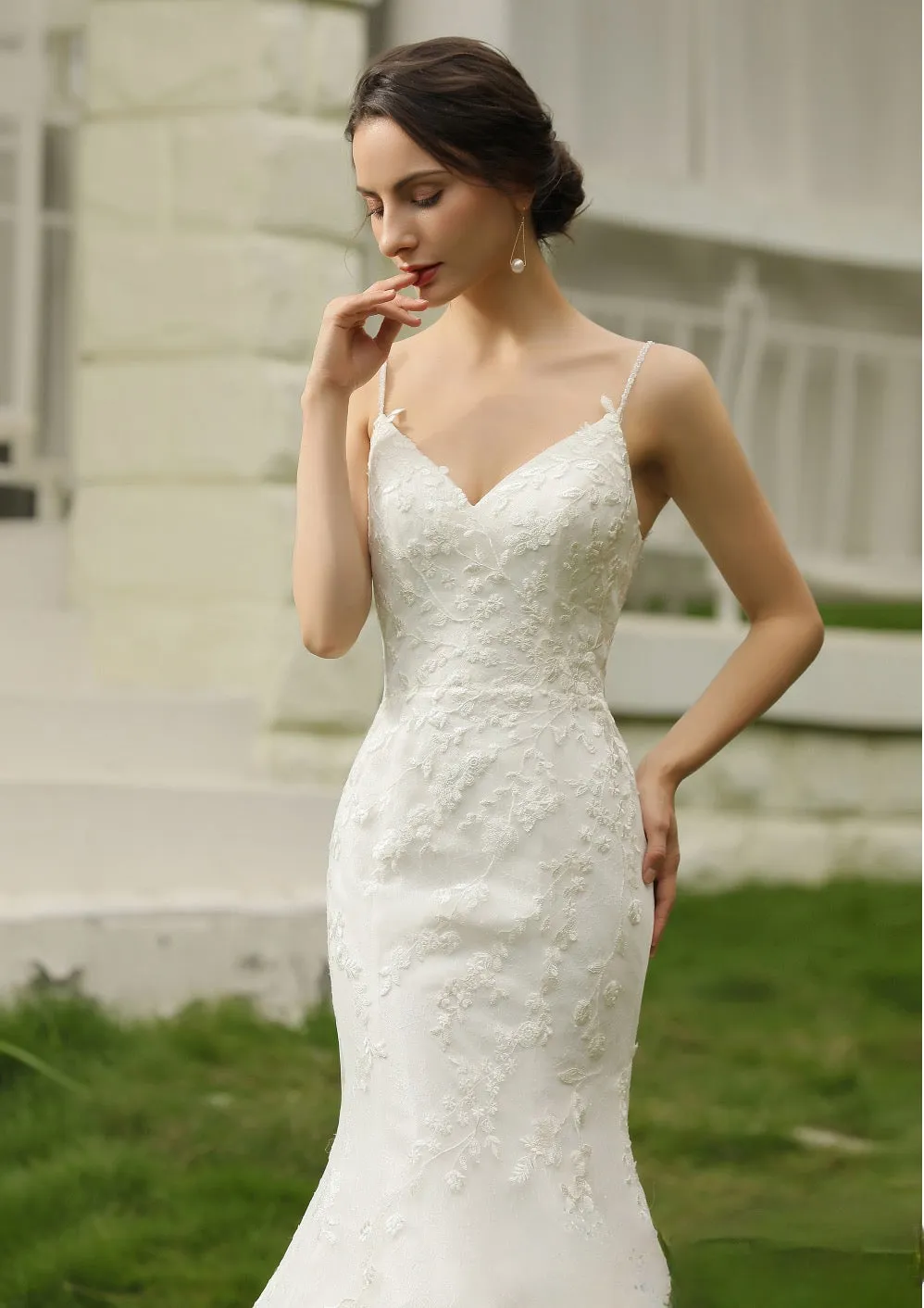 Spaghetti Beading Strap Fit To Flare Wedding Dress