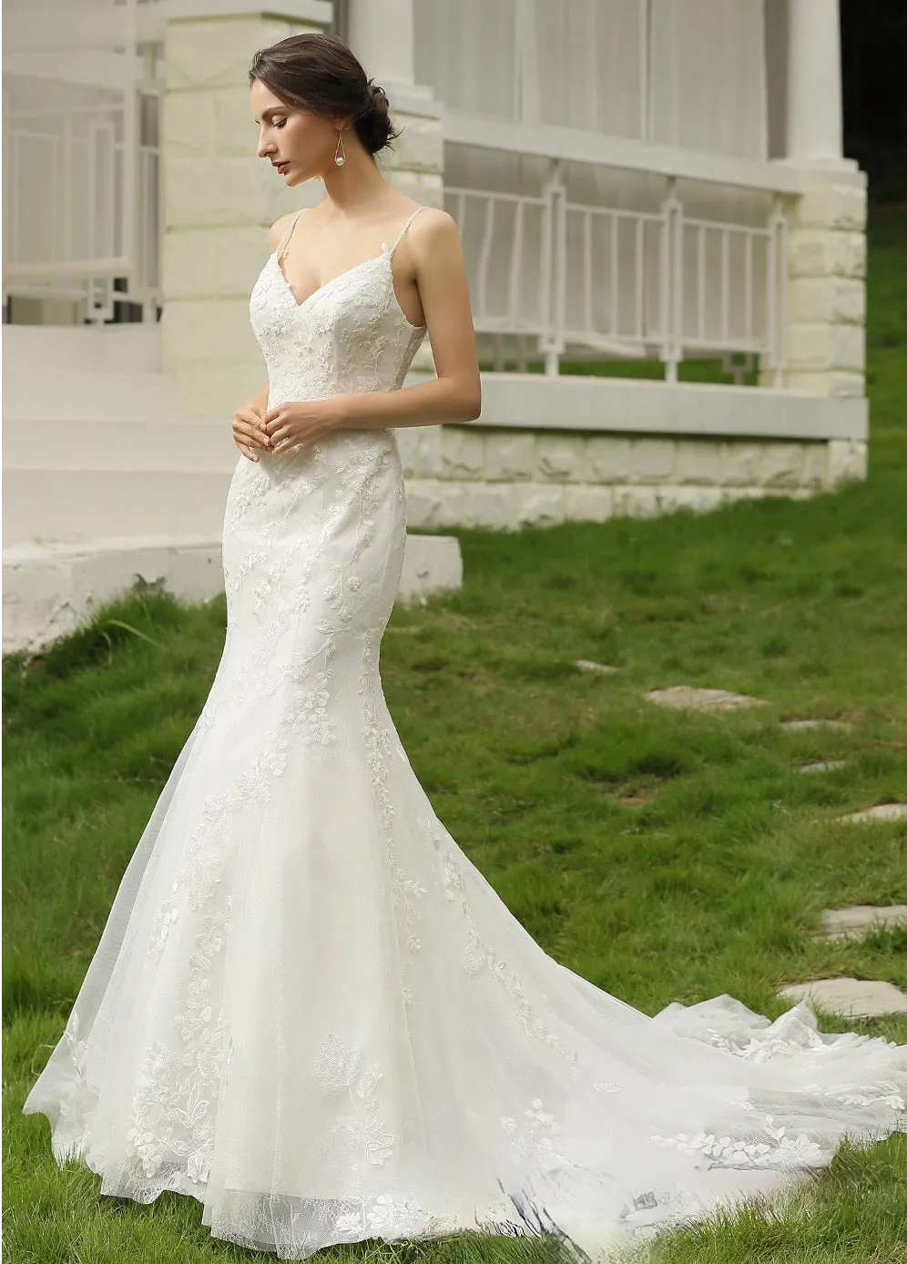 Spaghetti Beading Strap Fit To Flare Wedding Dress