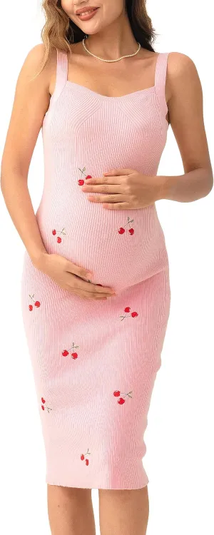 SUNNYBUY Women's 2025 Summer Cherry Embroidered Ribbed Knit Maternity Dress