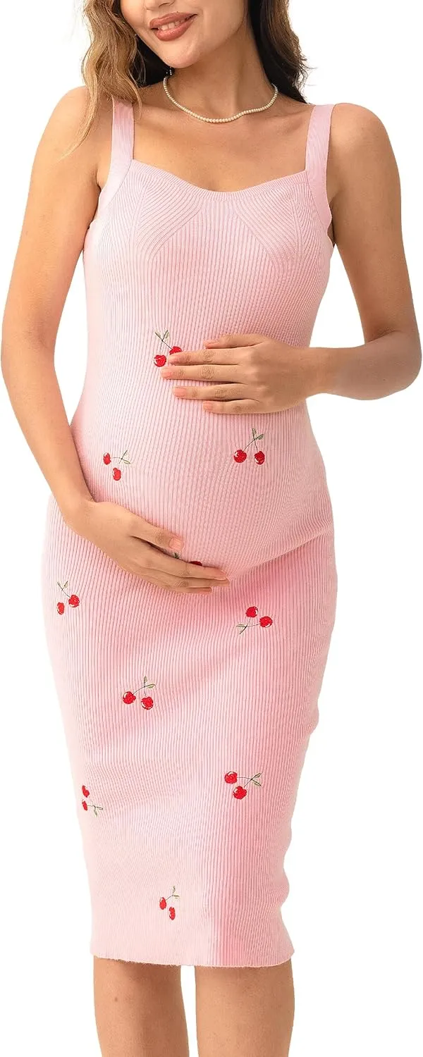 SUNNYBUY Women's 2025 Summer Cherry Embroidered Ribbed Knit Maternity Dress