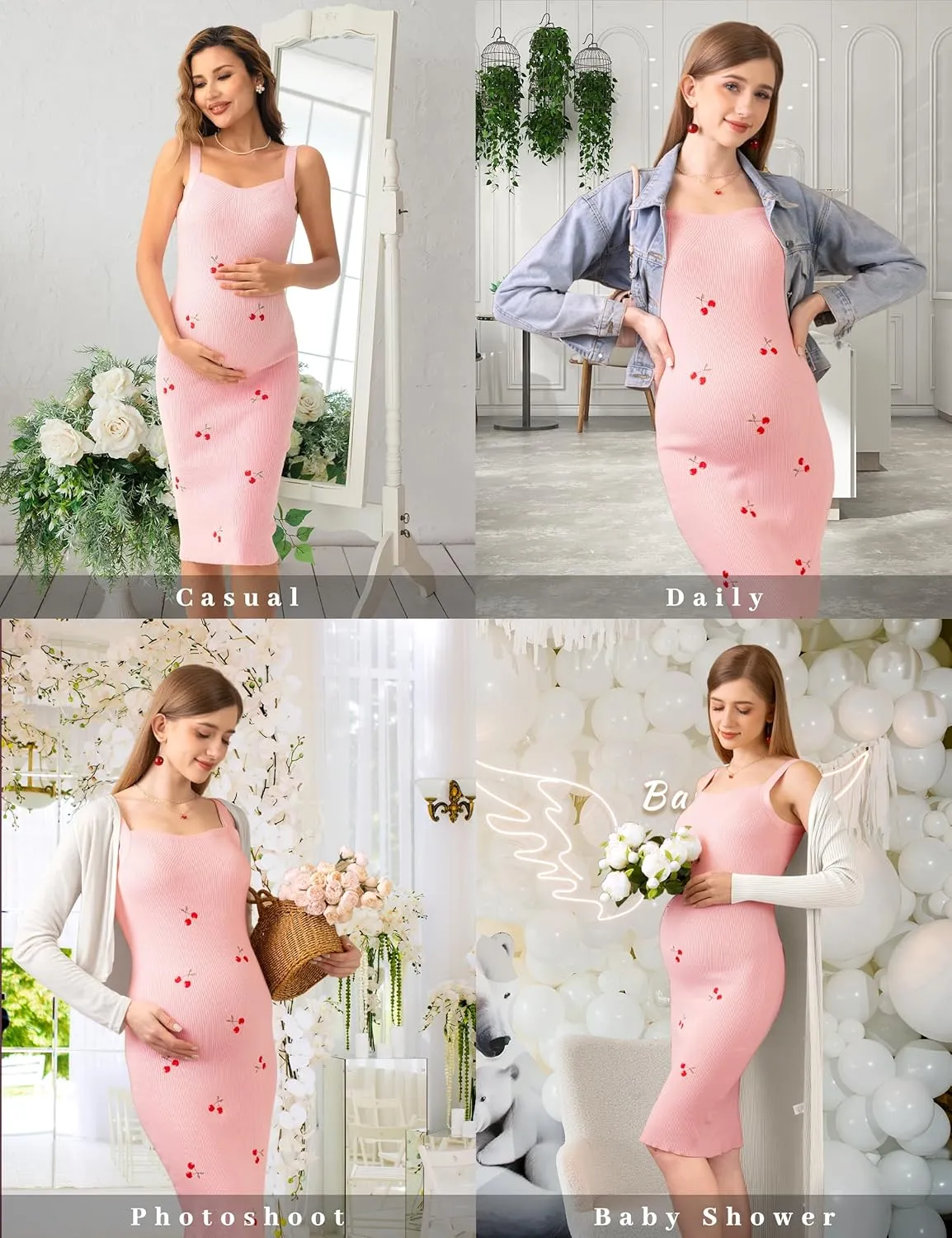 SUNNYBUY Women's 2025 Summer Cherry Embroidered Ribbed Knit Maternity Dress