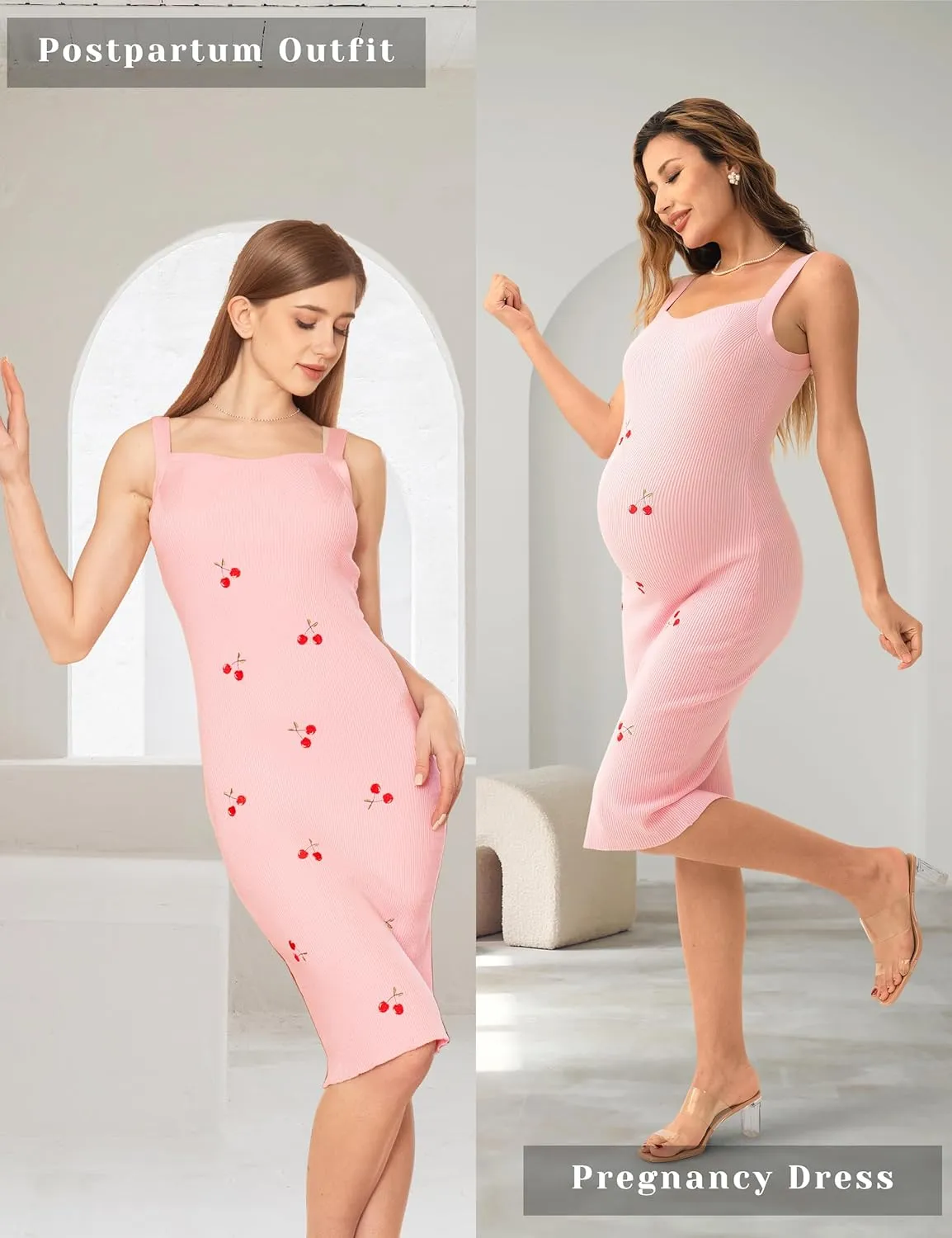 SUNNYBUY Women's 2025 Summer Cherry Embroidered Ribbed Knit Maternity Dress