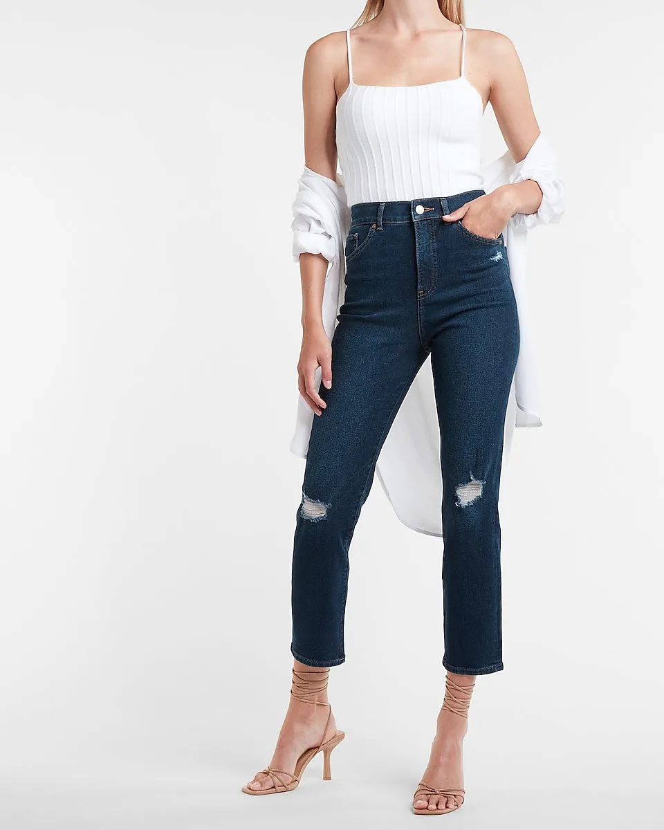 Super High Waisted Dark Wash Ripped Slim Jeans in Dark Wash