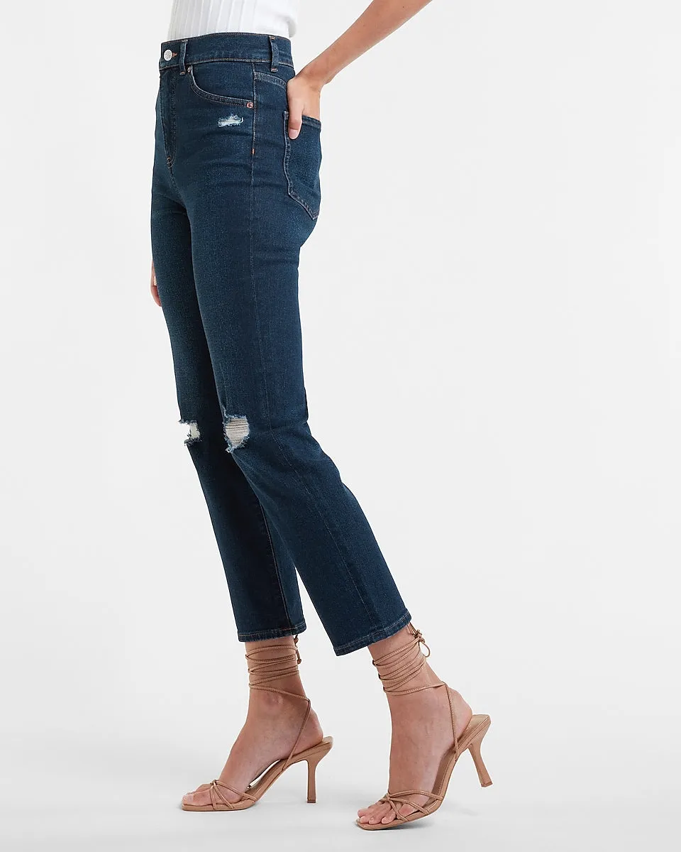 Super High Waisted Dark Wash Ripped Slim Jeans in Dark Wash