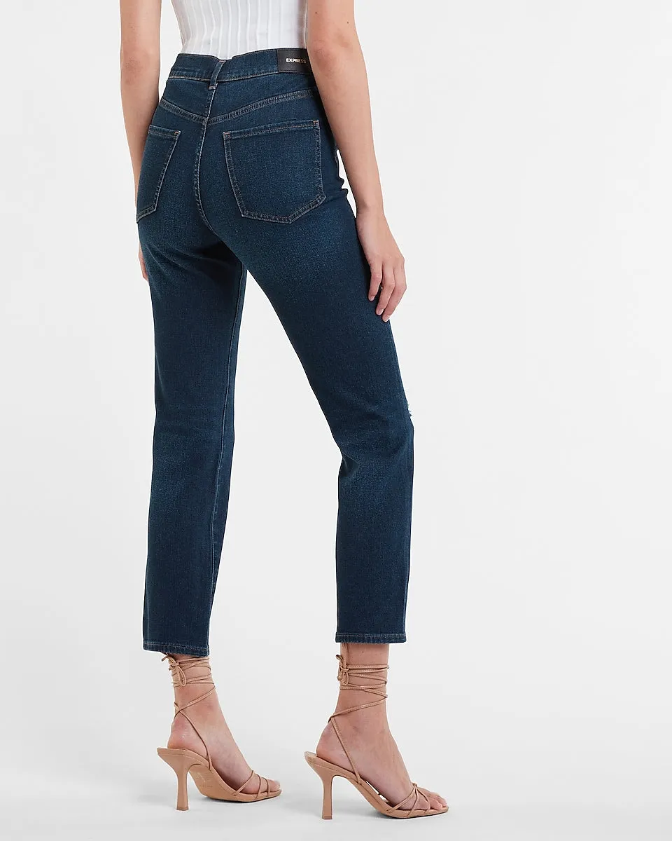 Super High Waisted Dark Wash Ripped Slim Jeans in Dark Wash