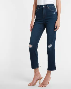 Super High Waisted Dark Wash Ripped Slim Jeans in Dark Wash