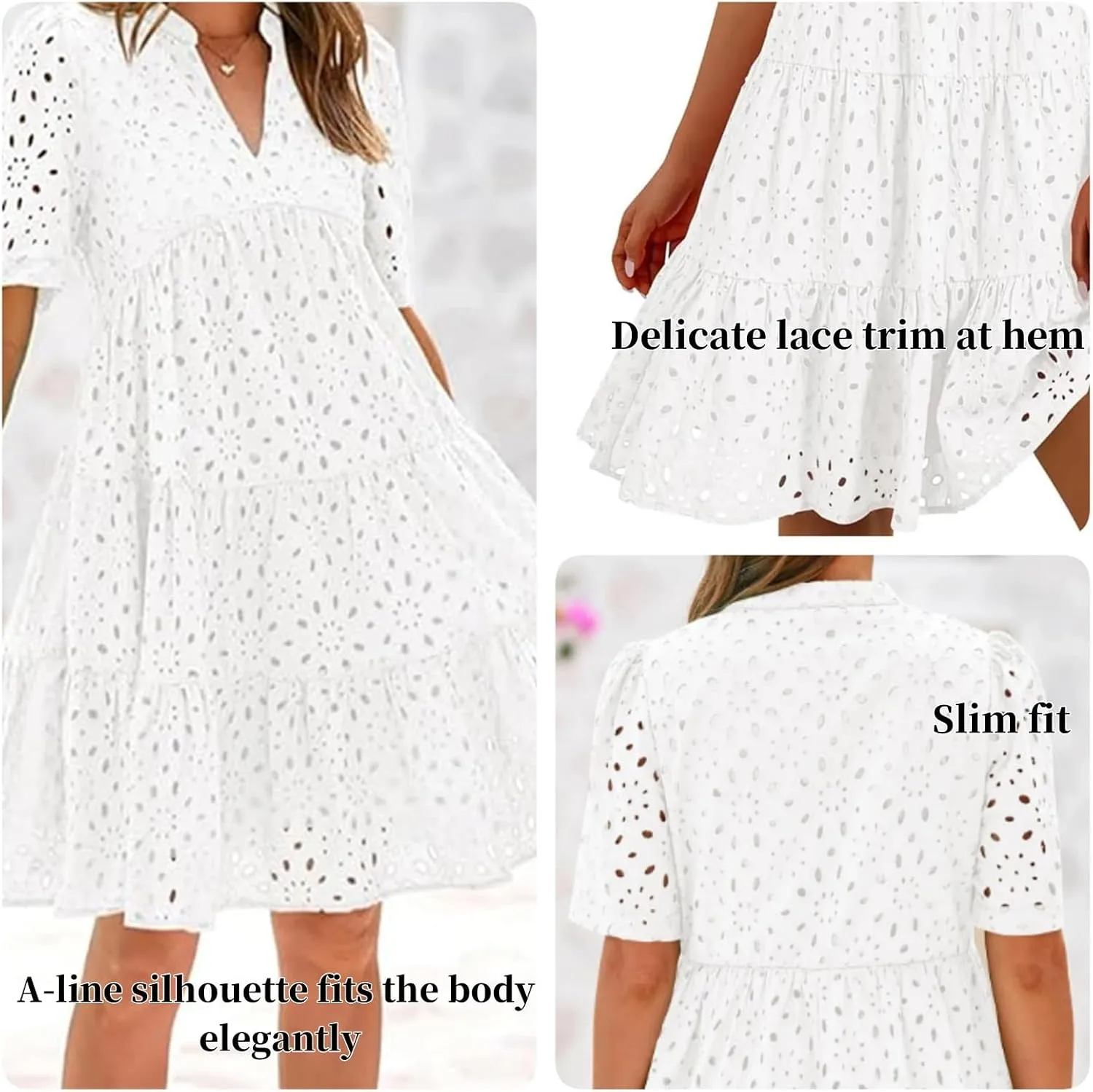The Beauty North Eyelet Dress, Casual Eyelet Lace Dress for Women, Hollow Out Lace Ruffle Casual Mini