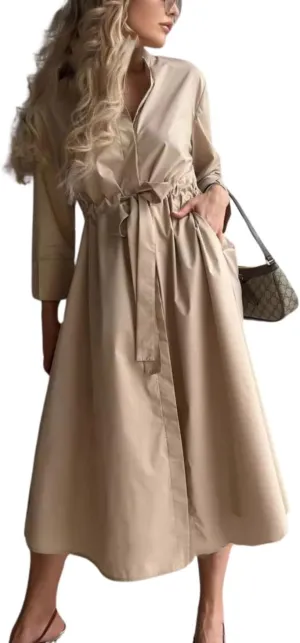 utcoco Women's 2025 Trendy Long Sleeve Cotton Maxi Shirt Dress Tie Waist Button Down Dress with Pockets
