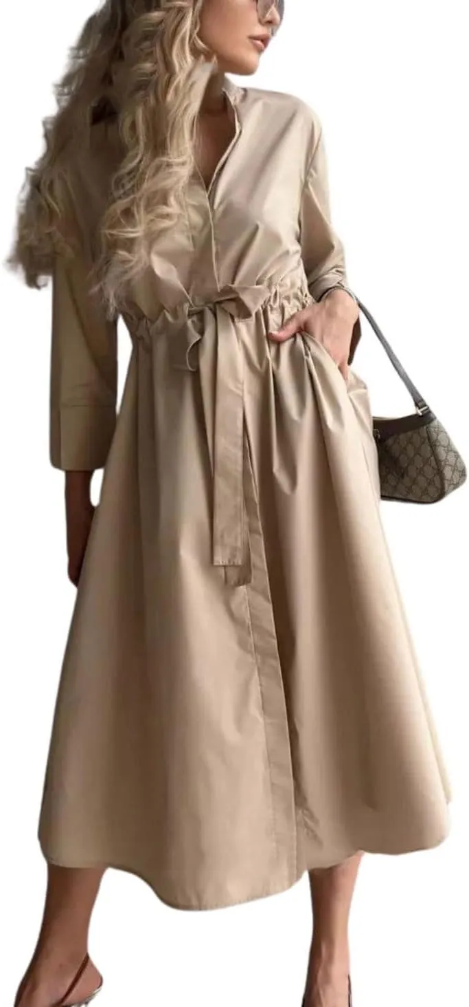 utcoco Women's 2025 Trendy Long Sleeve Cotton Maxi Shirt Dress Tie Waist Button Down Dress with Pockets