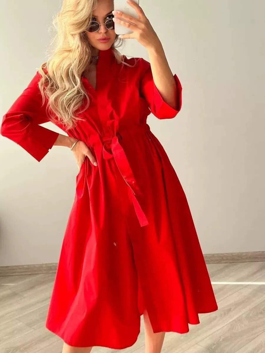 utcoco Women's 2025 Trendy Long Sleeve Cotton Maxi Shirt Dress Tie Waist Button Down Dress with Pockets