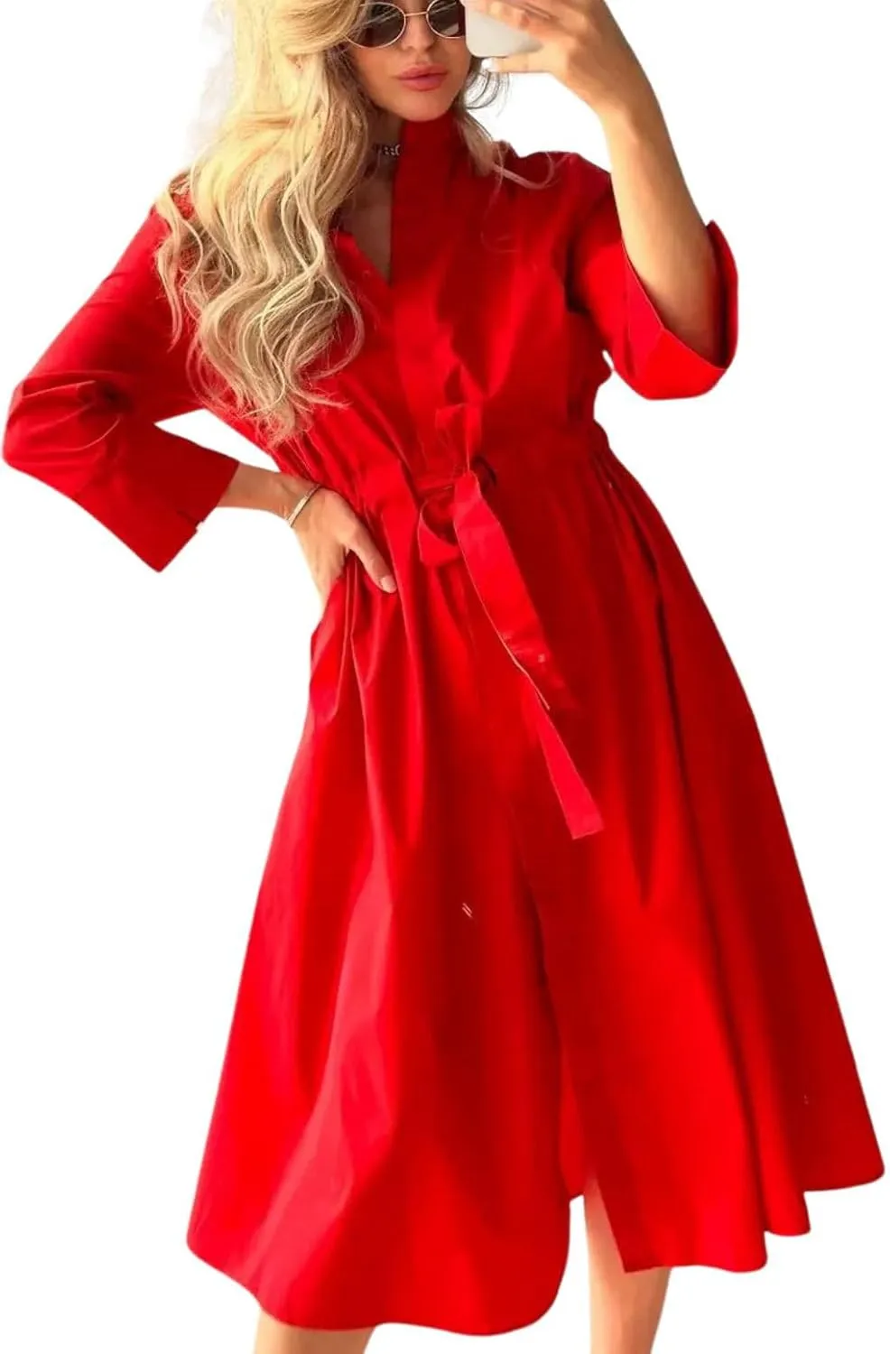 utcoco Women's 2025 Trendy Long Sleeve Cotton Maxi Shirt Dress Tie Waist Button Down Dress with Pockets