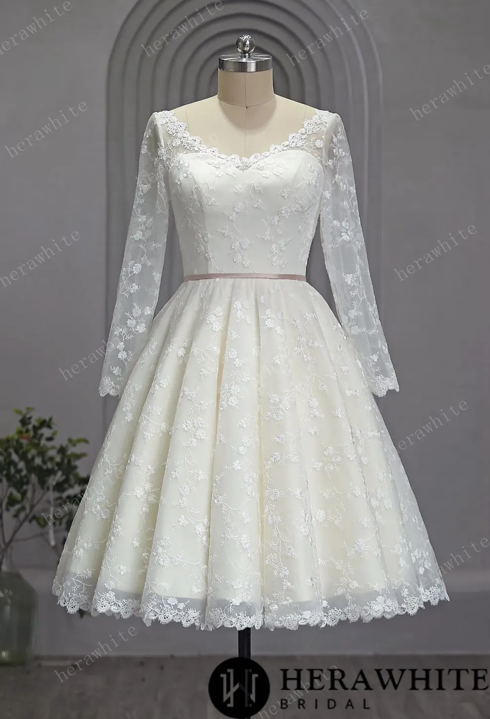 Vintage Lace Wedding Sheer Neckline With Sleeves Tea Length Garden Wedding Dress