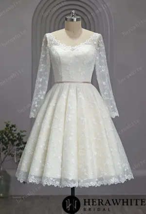 Vintage Lace Wedding Sheer Neckline With Sleeves Tea Length Garden Wedding Dress